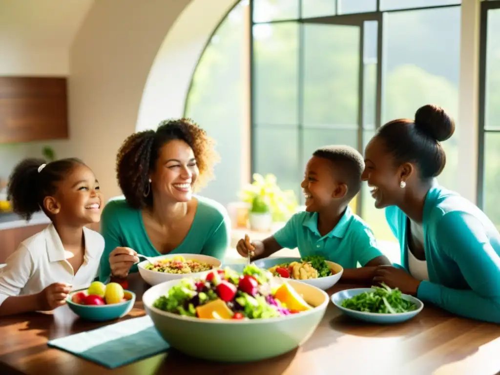 Comida familiar saludable: unión y felicidad Una familia sonríe y comparte una comida saludable y colorida en una mesa, mientras la luz del sol crea un ambiente cálido y acogedor
