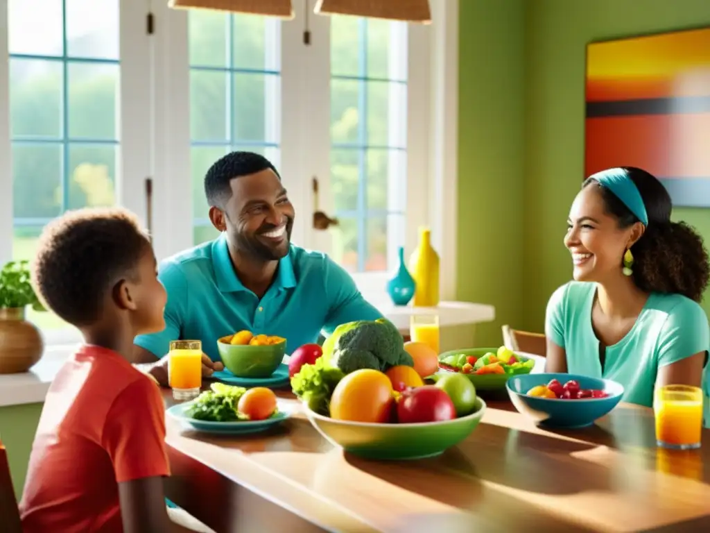Comida en familia: disfrutando de una mesa colorida y saludable Una familia disfruta una comida saludable con frutas y verduras, creando un ambiente cálido y de unión