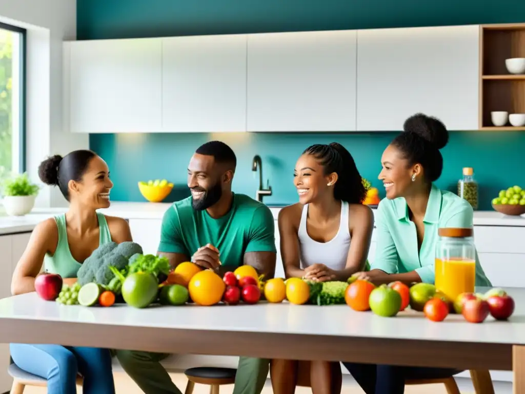Salud familiar: nutrición holística con frutas, verduras y suplementos Una familia disfruta de una conversación animada en la cocina, rodeada de frutas, verduras y suplementos alimenticios