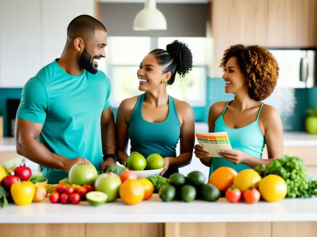 Planificación familiar de comidas saludables en cocina moderna Una familia diversa planificando compras de suplementos en una cocina moderna y luminosa, rodeados de frutas y verduras frescas