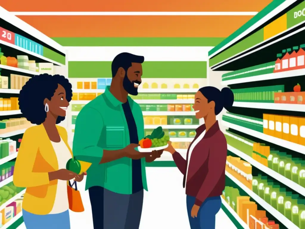 Familia feliz seleccionando alimentos saludables en el supermercado Una familia diversa y feliz selecciona suplementos y alimentos saludables juntos en una tienda moderna y luminosa