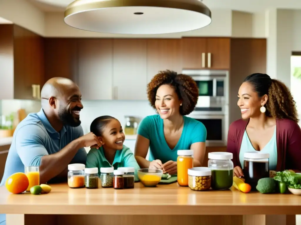 Vida saludable en familia: suplementos y alimentos Una familia diversa se reúne alrededor de la mesa de la cocina, con suplementos y alimentos saludables organizados frente a ellos