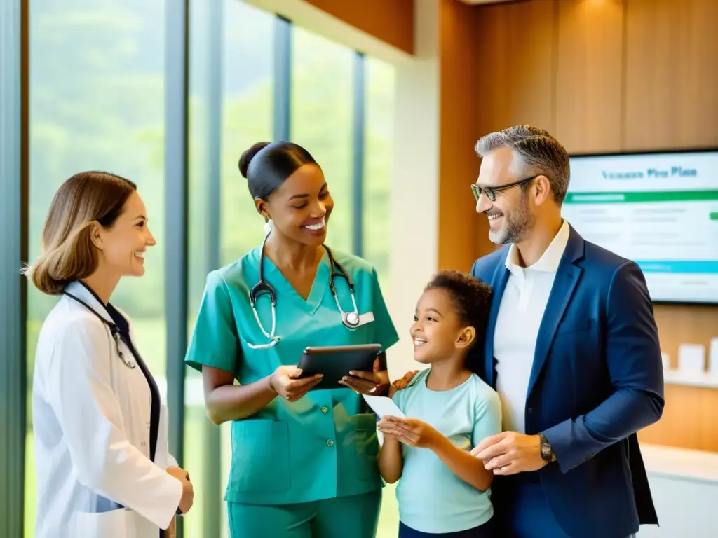 Consejos de vacunas y seguros médicos en consulta Una familia escucha atentamente al experto en un consultorio médico moderno, discutiendo opciones de vacunas y seguros de forma cálida y reconfortante