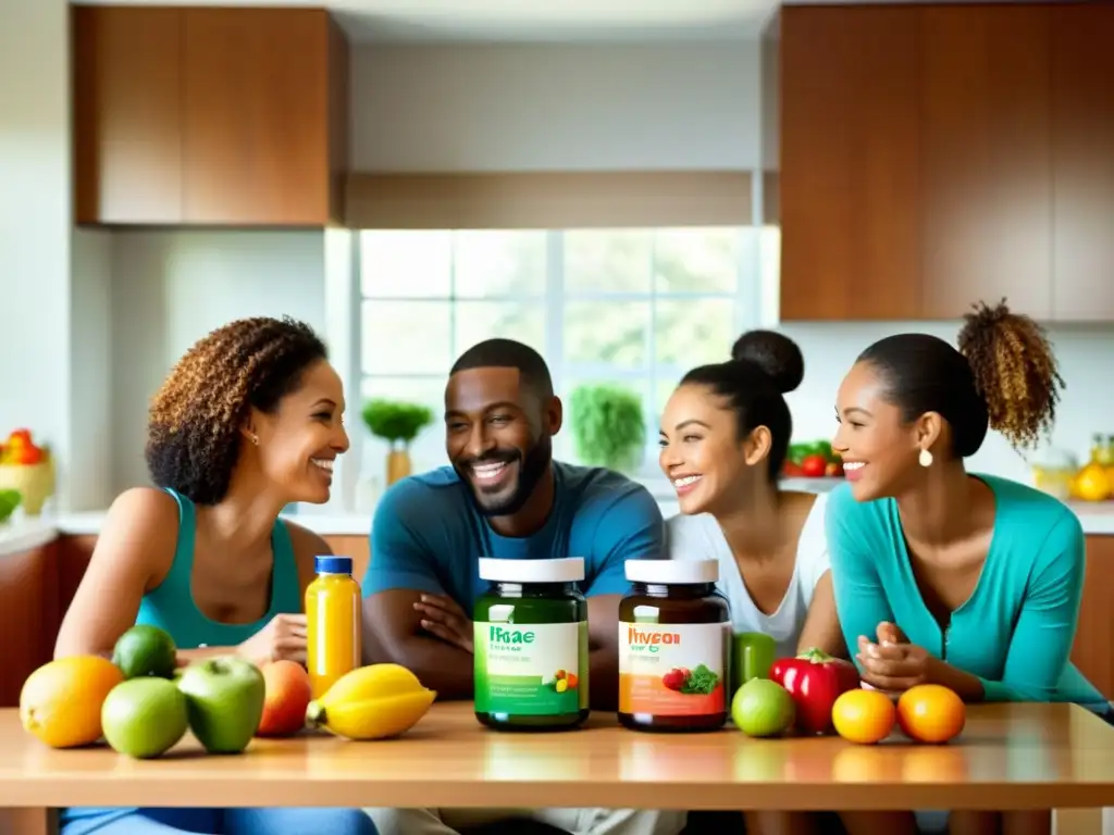 Vida familiar saludable con suplementos Una familia feliz compartiendo suplementos en la mesa de la cocina, rodeados de alimentos saludables