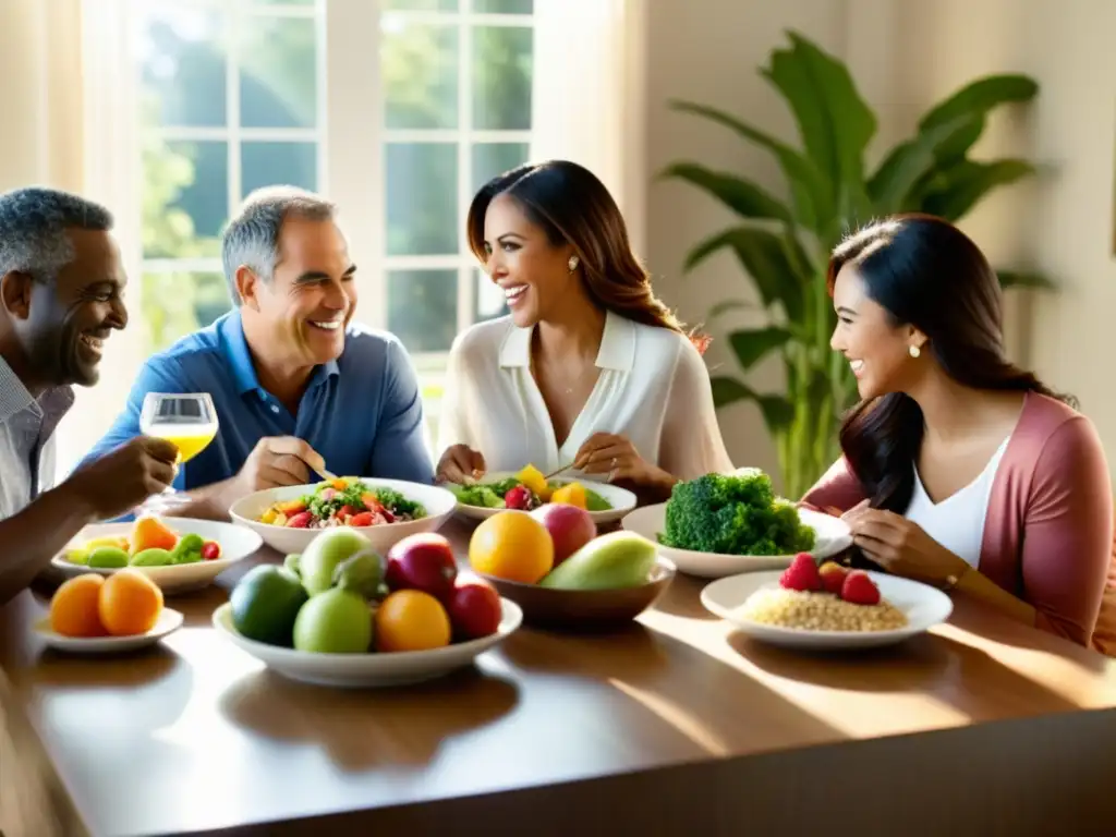 Vida familiar saludable y feliz con comida nutritiva Una familia moderna disfruta de una comida colorida y nutritiva juntos
