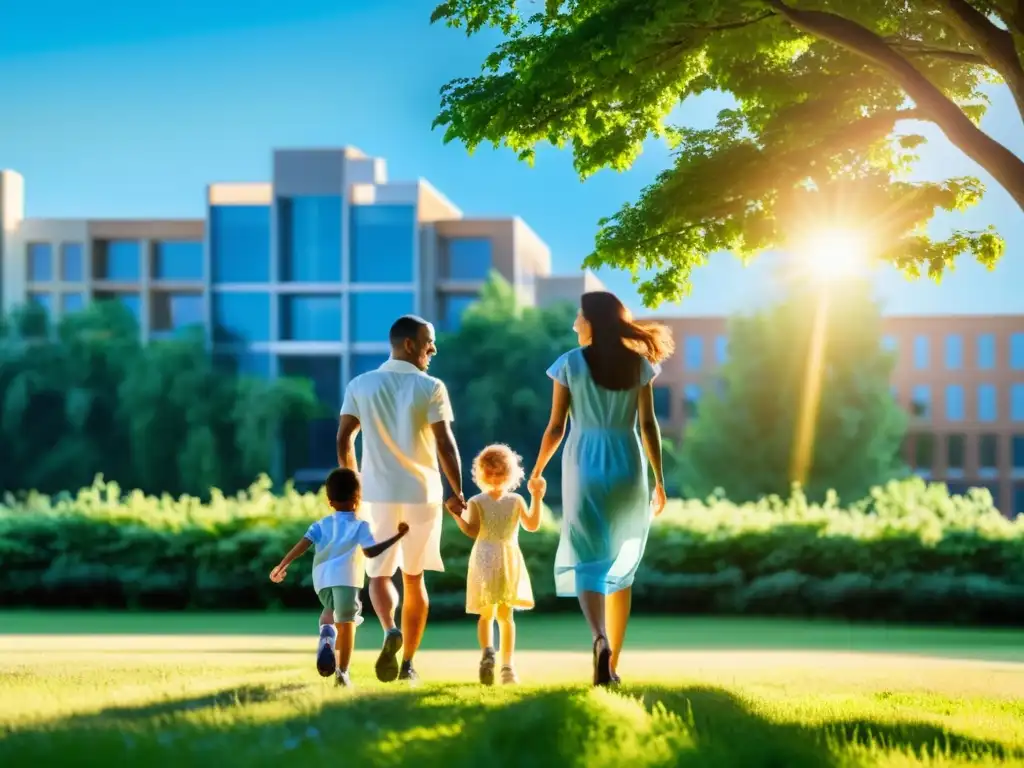 Familia feliz disfruta la naturaleza y la salud Una familia disfruta de la naturaleza en un campo verde, transmitiendo vitalidad y felicidad