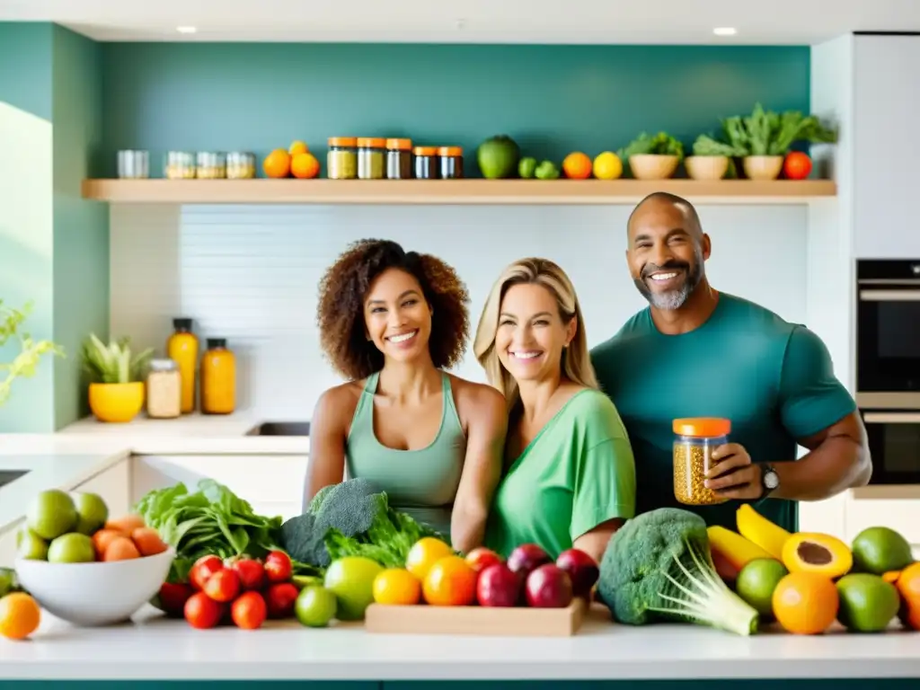Preparación de suplementos: Familia en cocina moderna y saludable Una familia sonriente prepara alimentos en una cocina luminosa y moderna, con frutas, verduras y suplementos organizados