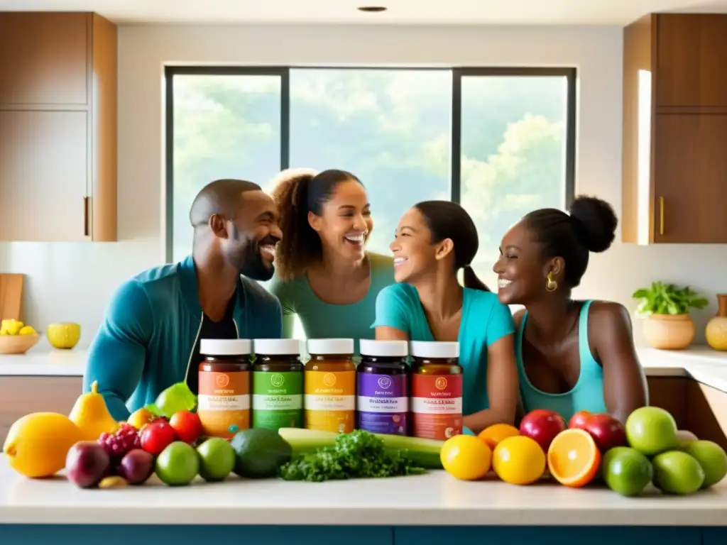 Vida familiar saludable: cocina llena de vitalidad Una familia sonriente en una cocina soleada rodeada de frutas, verduras y suplementos