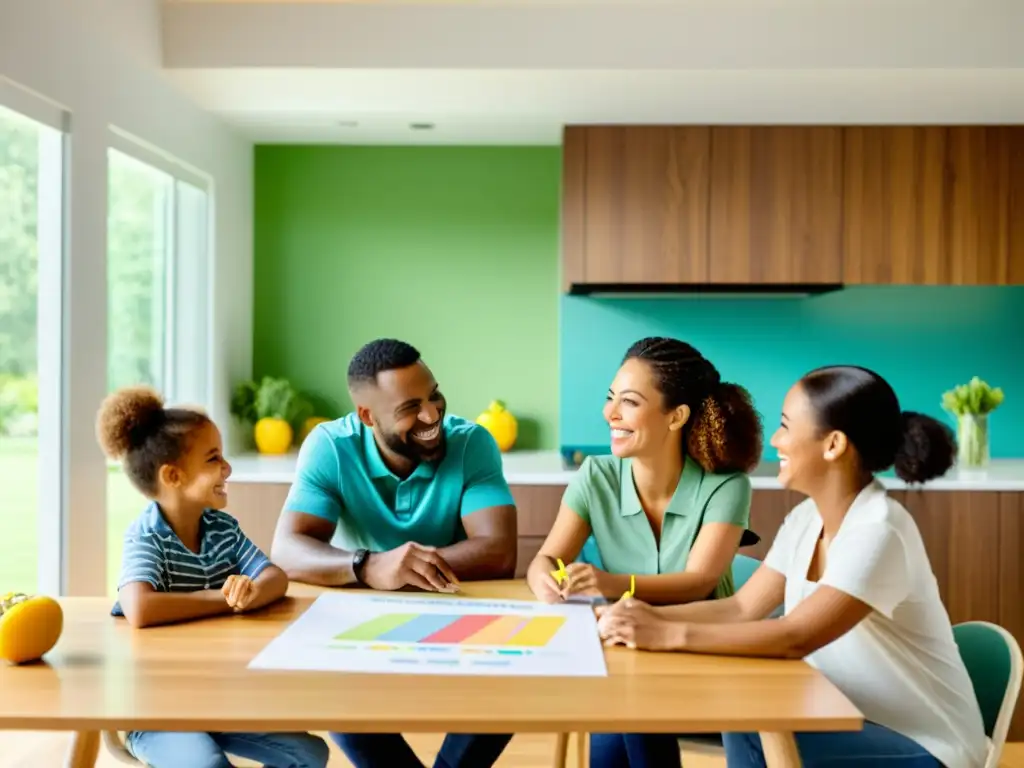 Plan de acción familiar: Salud y unión Una familia sonriente en la mesa, con comidas coloridas, en una cocina amplia y luminosa