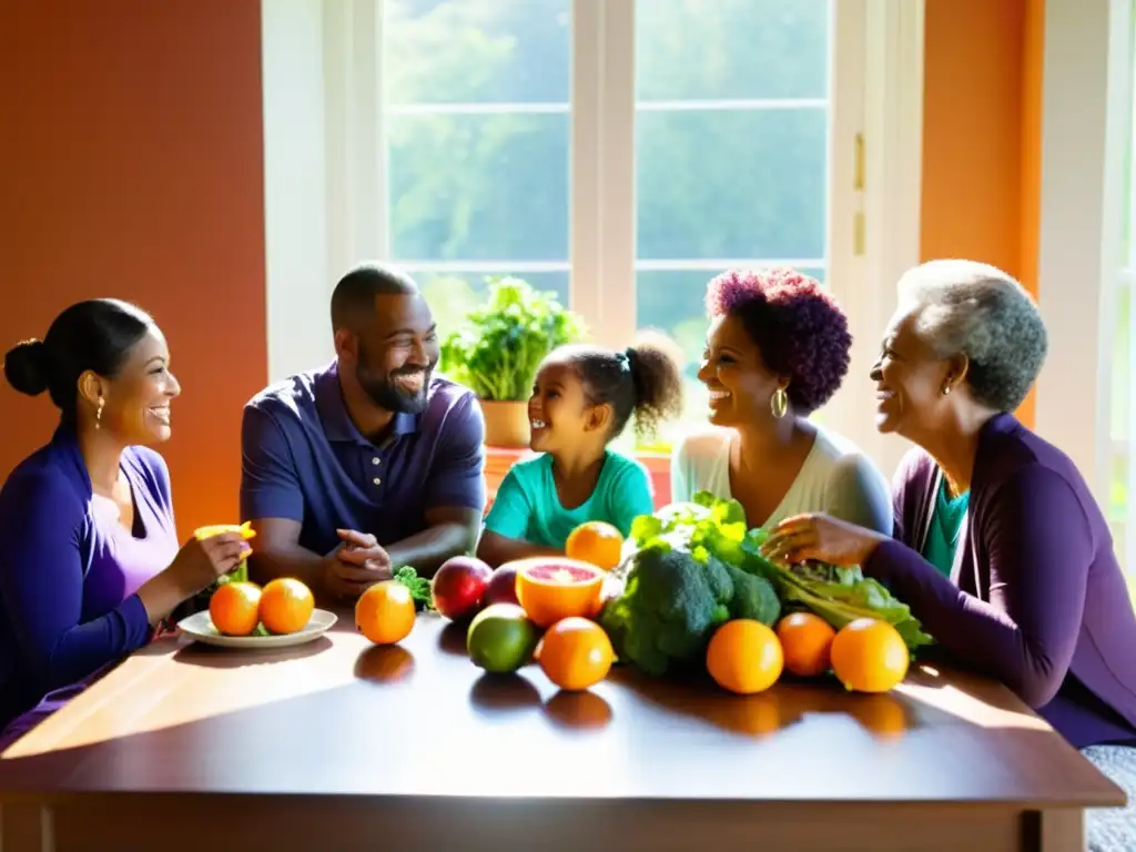 Disfrutando de la Familia y Alimentos Saludables Una familia disfruta de una variedad de frutas y verduras mientras conversan animadamente en torno a la mesa