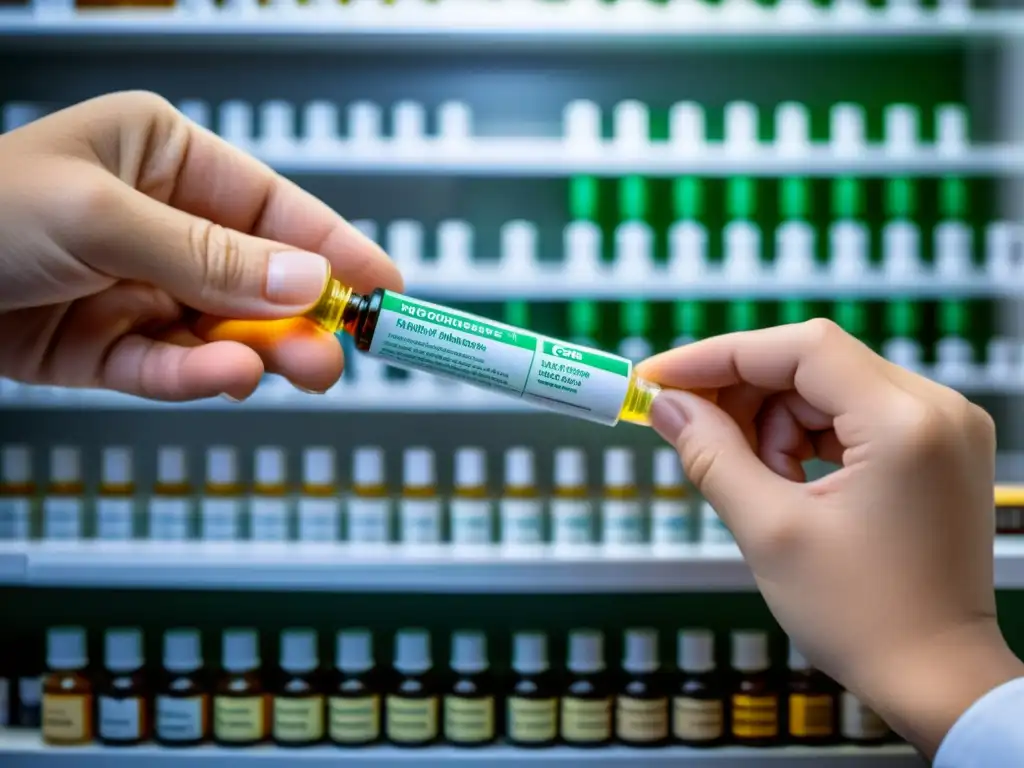 Un farmacéutico mide con precisión la dosis de la terapia hormonal para enfermedad de Addison, mostrando cuidado profesional y exactitud