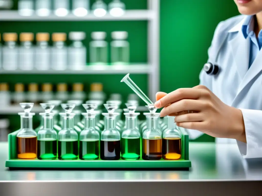 Preparación moderna de remedios homeopáticos en laboratorio Un farmacéutico integra homeopatía en sistema inmunológico con precisión en laboratorio moderno