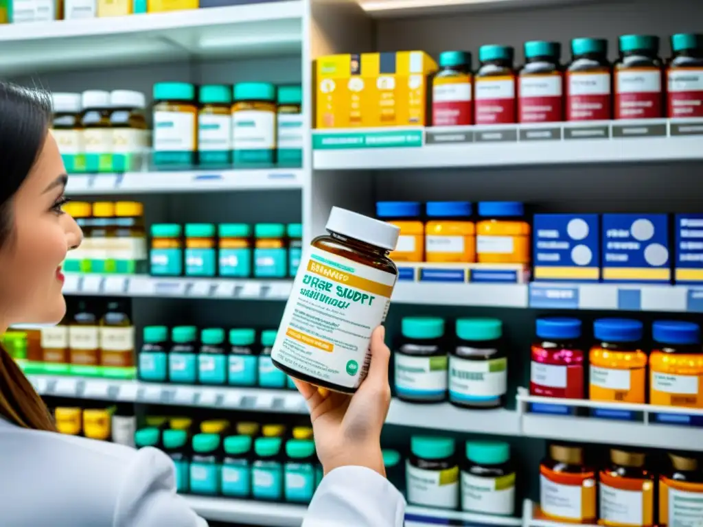 Farmacéutico seleccionando suplementos inmunes de alta calidad Un farmacéutico selecciona suplementos para fortalecer el sistema inmunológico en una farmacia moderna y ordenada
