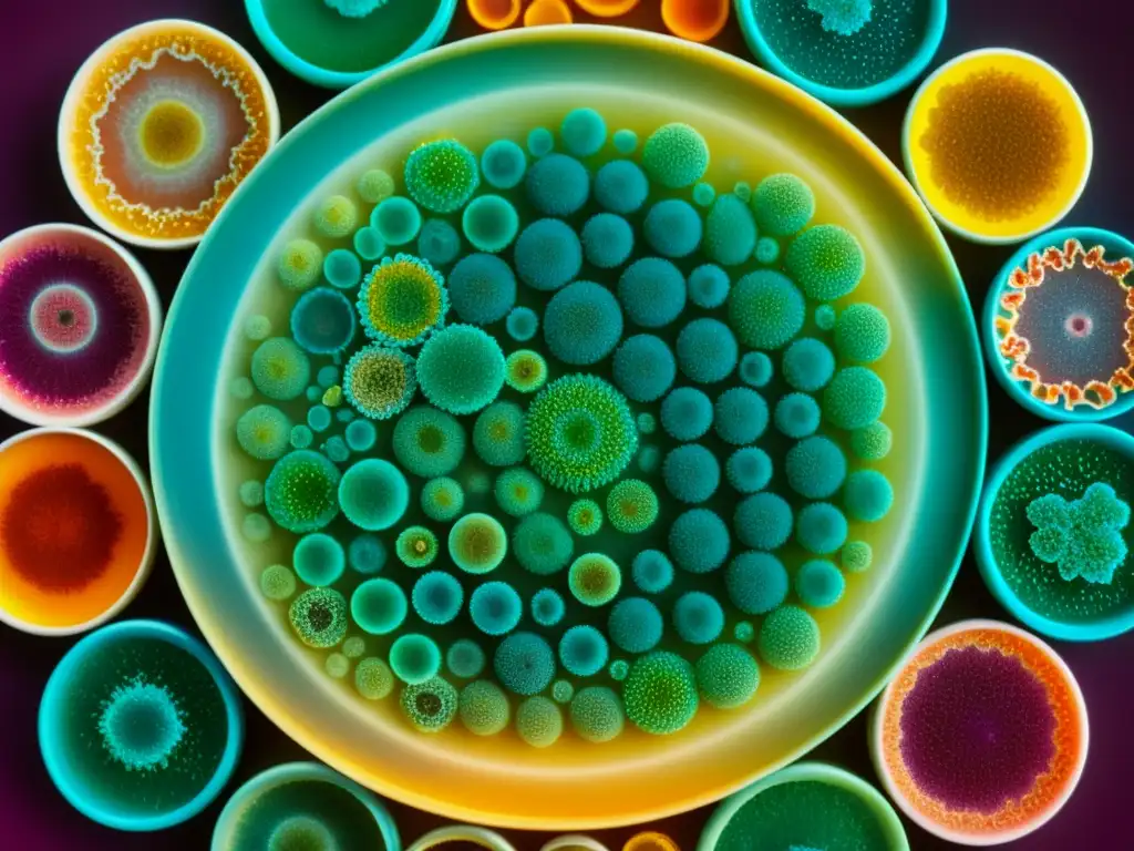 Probióticos: Diversidad Vibrante en un Petri Dish Una fascinante cultura de bacterias probióticas en un plato de Petri, mostrando la diversidad y beneficios probióticos para enfermedades autoinmunes