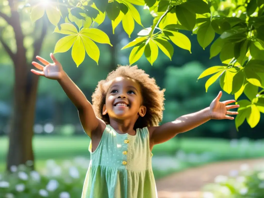 Alegría infantil en el parque verde: conexión con la naturaleza Niño feliz jugando al aire libre en un parque verde rodeado de árboles y flores, celebrando la naturaleza