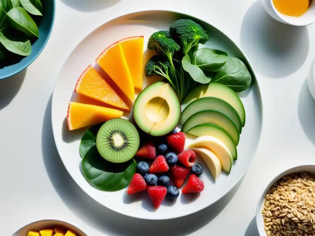 Plato de alimentos saludables: colores vibrantes y detalle ultra definido Un festín de alimentos nutritivos y coloridos que realza la belleza natural de la comida