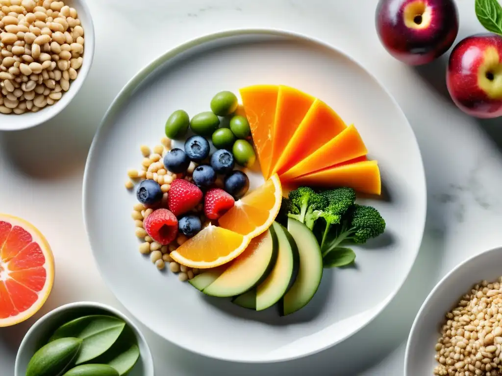 Exquisita variedad de alimentos prebióticos en detalle Un festín de alimentos prebióticos para perder peso, coloridos y apetitosos en un plato blanco moderno, rodeado de frutas y verduras frescas