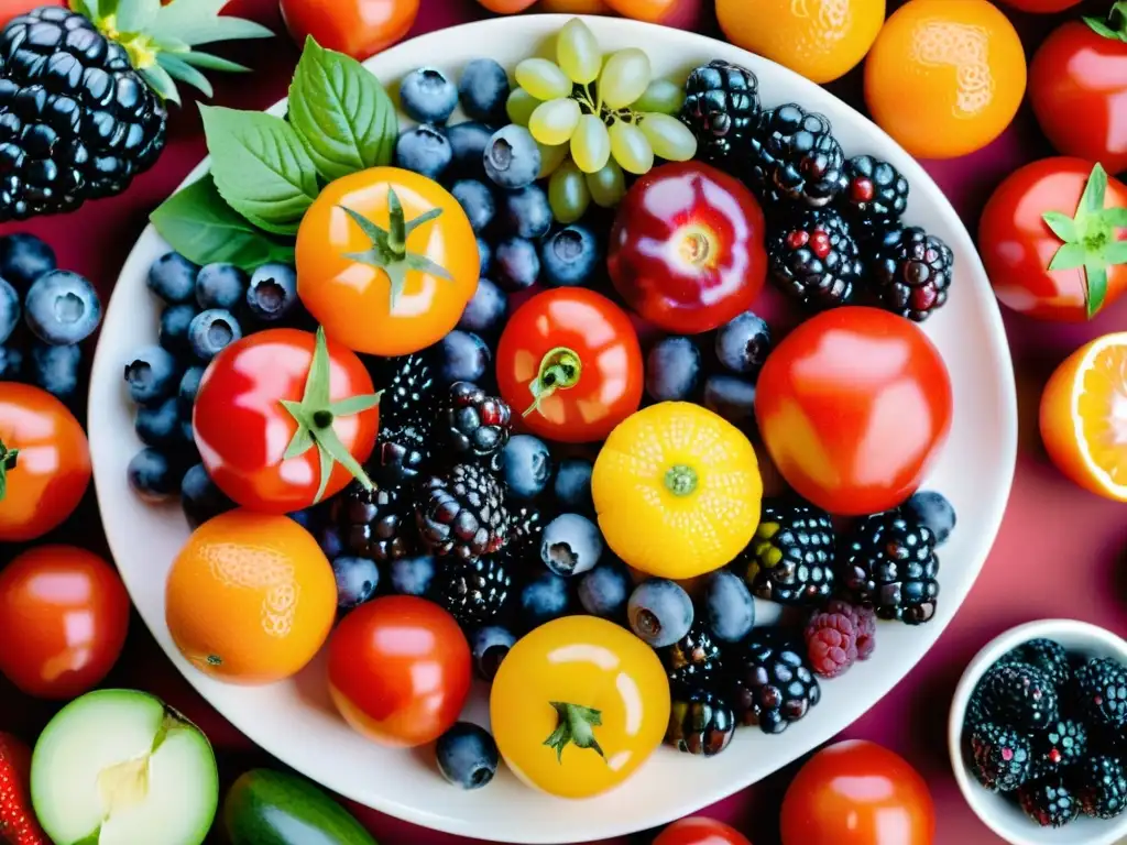 Exuberante exhibición de frutas y verduras antioxidantes Un festín de frutas y verduras antioxidantes, frescas y jugosas, en un despliegue vibrante que evoca un mercado bullicioso