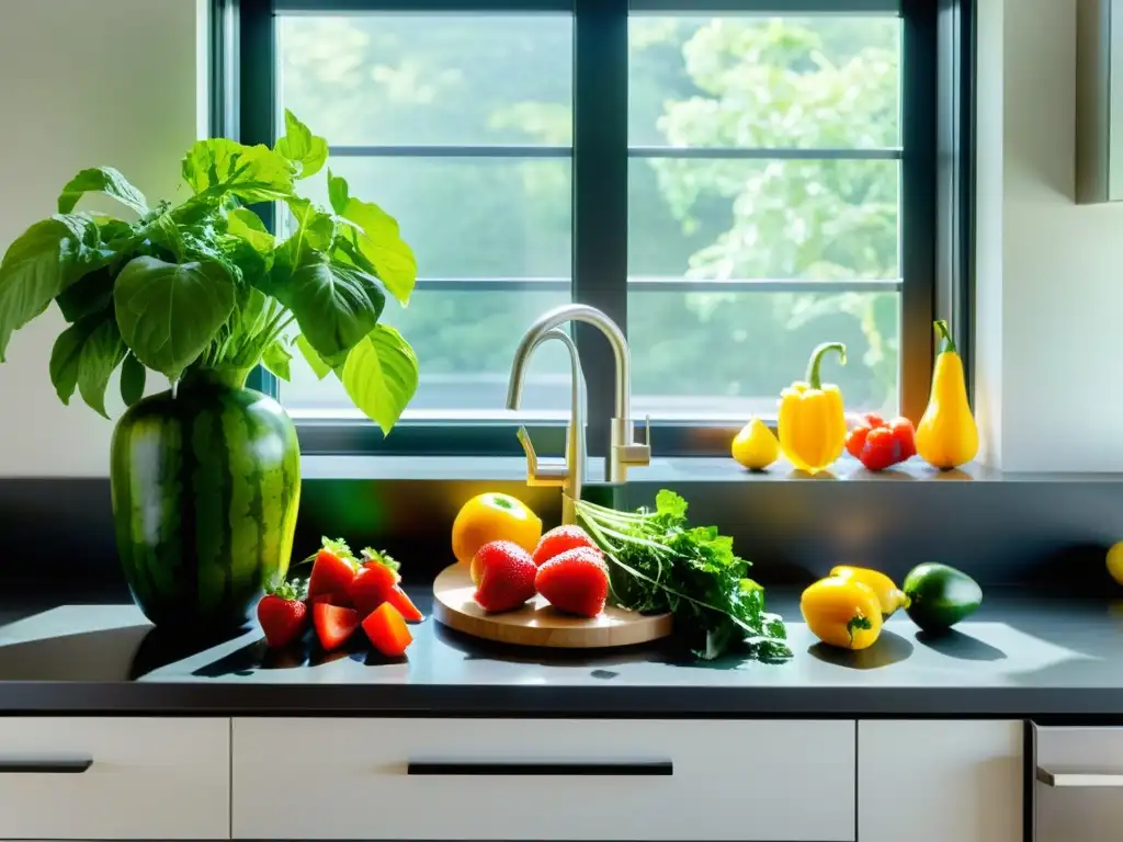Un festín de frutas y verduras frescas en una cocina moderna