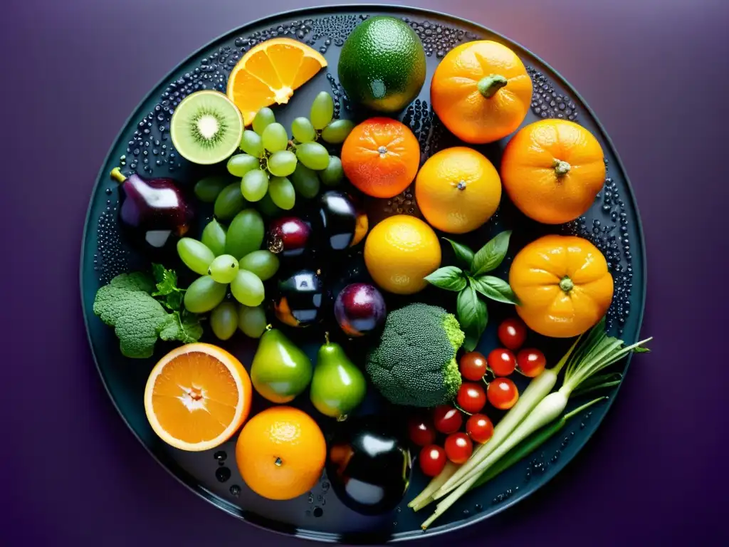 Exuberante exhibición de frutas y verduras frescas en círculo Un festín de frutas y verduras frescas y coloridas dispuestas en círculo, brillantes con gotas de agua