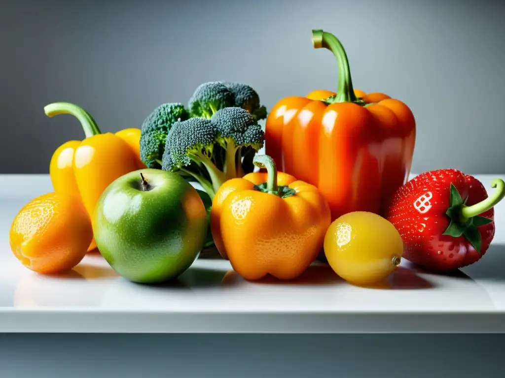 Colorida frescura: Vitaminas en frutas y verduras Un festín de frutas y verduras frescas y vibrantes, listas para fortalecer el sistema inmunológico