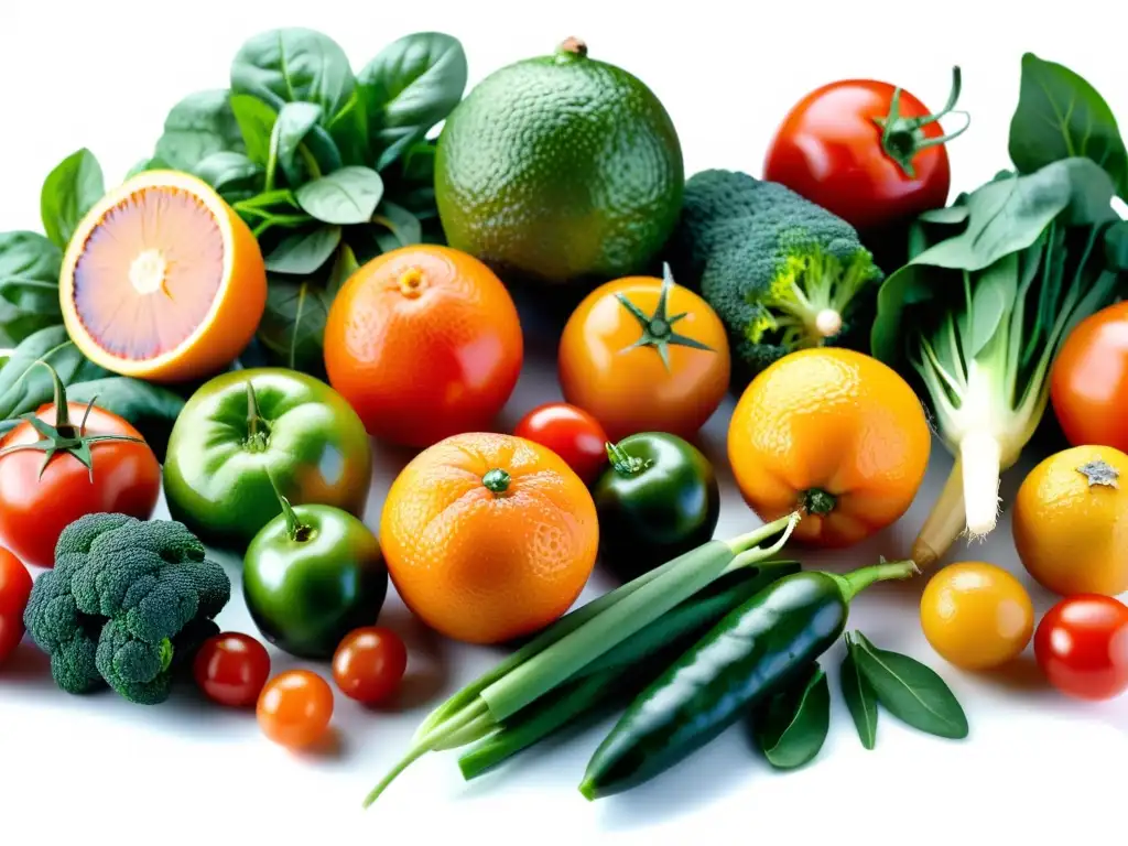 Arcoíris de frutas y verduras frescas en alta resolución Un festín de frutas y verduras vibrantes y diversas, perfectamente maduras y relucientes, que exhiben un arcoíris de colores naturales y texturas