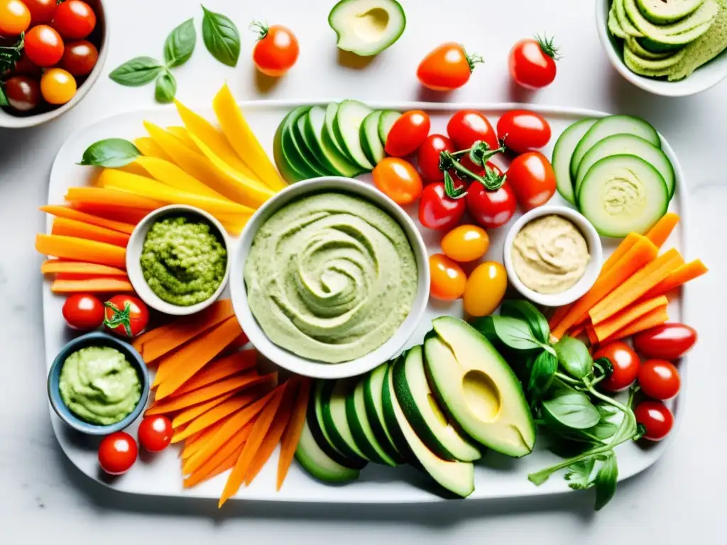Deliciosos bocadillos saludables para impulsar el sistema inmunológico Un festín de snacks saludables para el sistema inmunológico: coloridas verduras y dips en una elegante tabla de mármol blanco