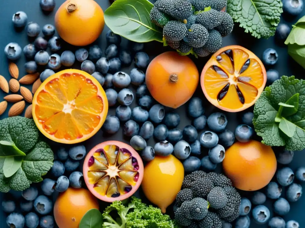 Arcoíris de superalimentos frescos: blueberries, kale, almendras y batatas Un festín de superalimentos potenciadores del sistema inmunológico, con colores vibrantes y frescura deslumbrante