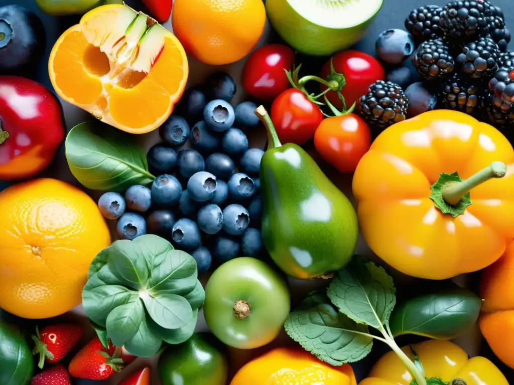 Un festín visual de frutas y verduras coloridas y frescas, perfecto para fortalecer el sistema inmune con planes nutricionales