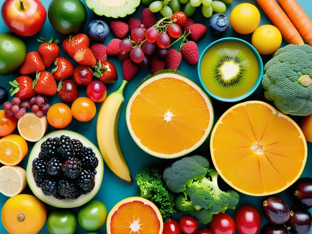 Vibrante variedad de frutas y verduras para fortalecer el sistema inmune Un festín visual de frutas y verduras, destacando sus vivos colores y texturas