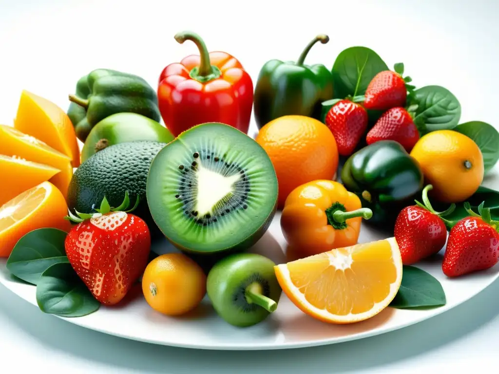 Un festín visual de frutas y verduras vibrantes y apetitosas, destacando la importancia de las vitaminas para el sistema inmunológico