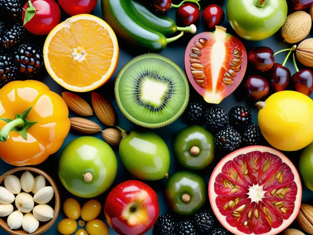Exuberante arreglo de frutas, verduras y frutos secos Un festín visual de frutas, verduras, frutos secos y semillas en un patrón vibrante y simétrico