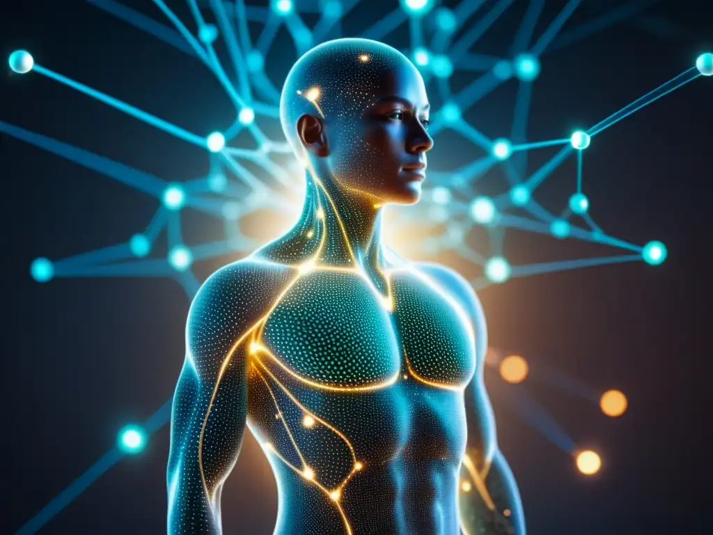 Figura humana futurista envuelta en datos brillantes: inmunología en 8k Una figura humana futurista translúcida rodeada de datos brillantes, representando patrones ocultos en salud humana con un diseño moderno y elegante