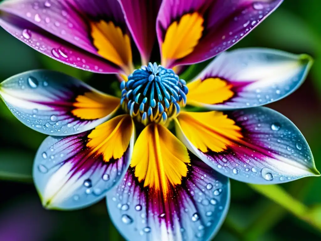 Fascinante detalle de flor en plenitud con gotas de agua Una flor vibrante en primer plano con gotas de agua, reflejando la luz