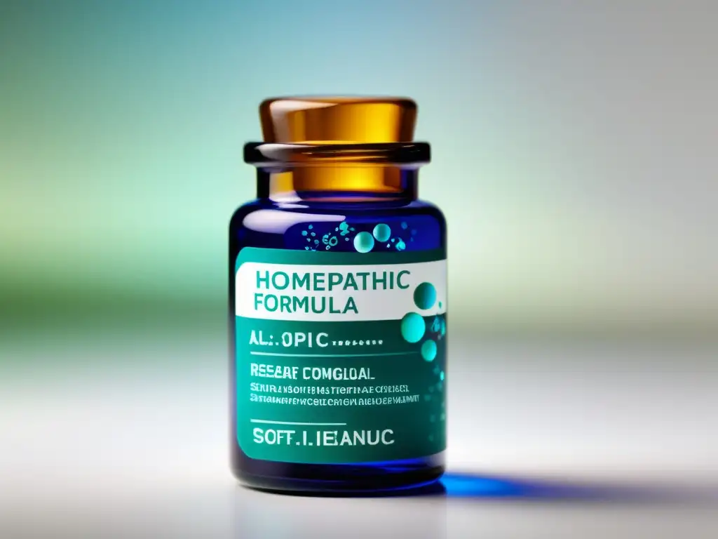 Una fórmula homeopática compleja para inmunidad, en un vial de vidrio moderno con patrones y colores vibrantes en su interior