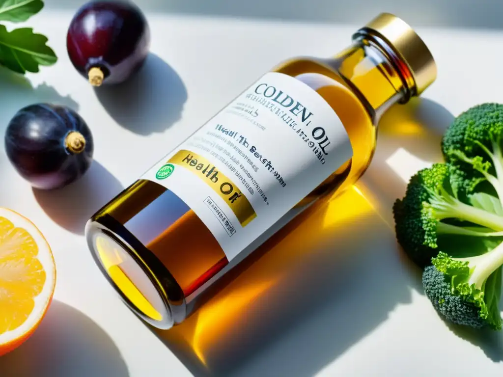 Aceite de hígado de bacalao: salud y vitalidad Un frasco de aceite de hígado de bacalao dorado, rodeado de alimentos frescos y vibrantes, iluminado suavemente