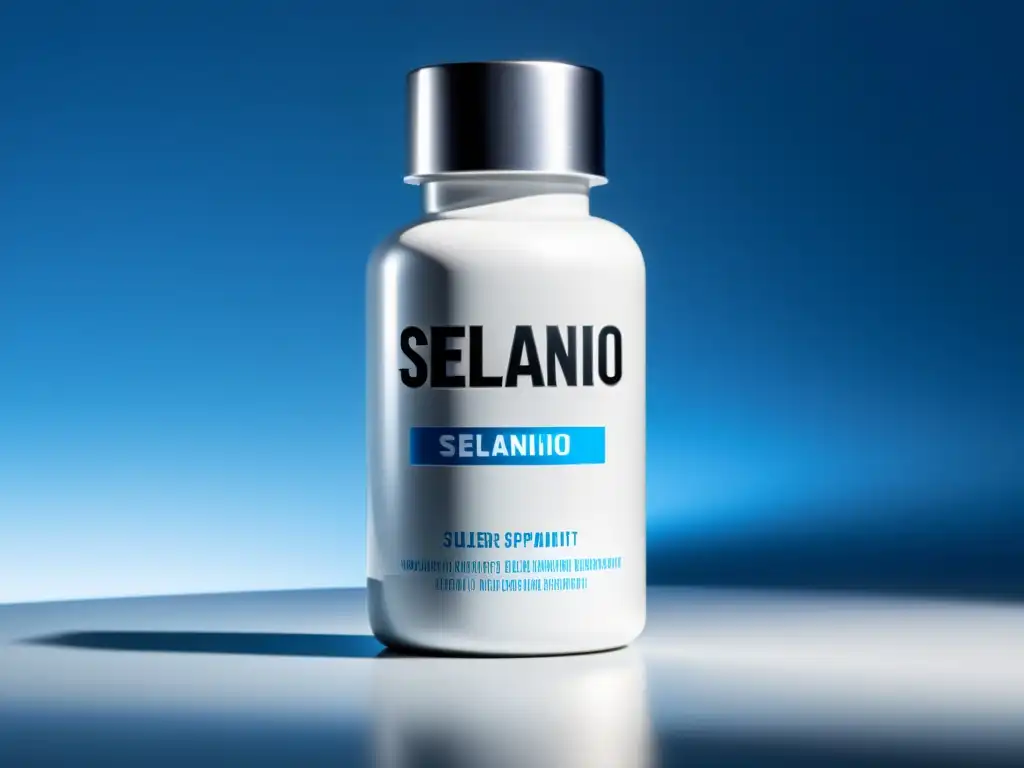Un frasco elegante de suplemento de selenio, con iluminación suave y diseño minimalista, resalta la palabra 'Selenio' en la etiqueta