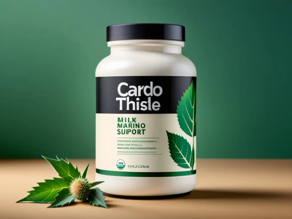Suplemento de cardo mariano: detoxificación hepática y apoyo inmunológico Un frasco moderno de suplementos de cardo mariano destaca beneficios para el sistema inmunológico