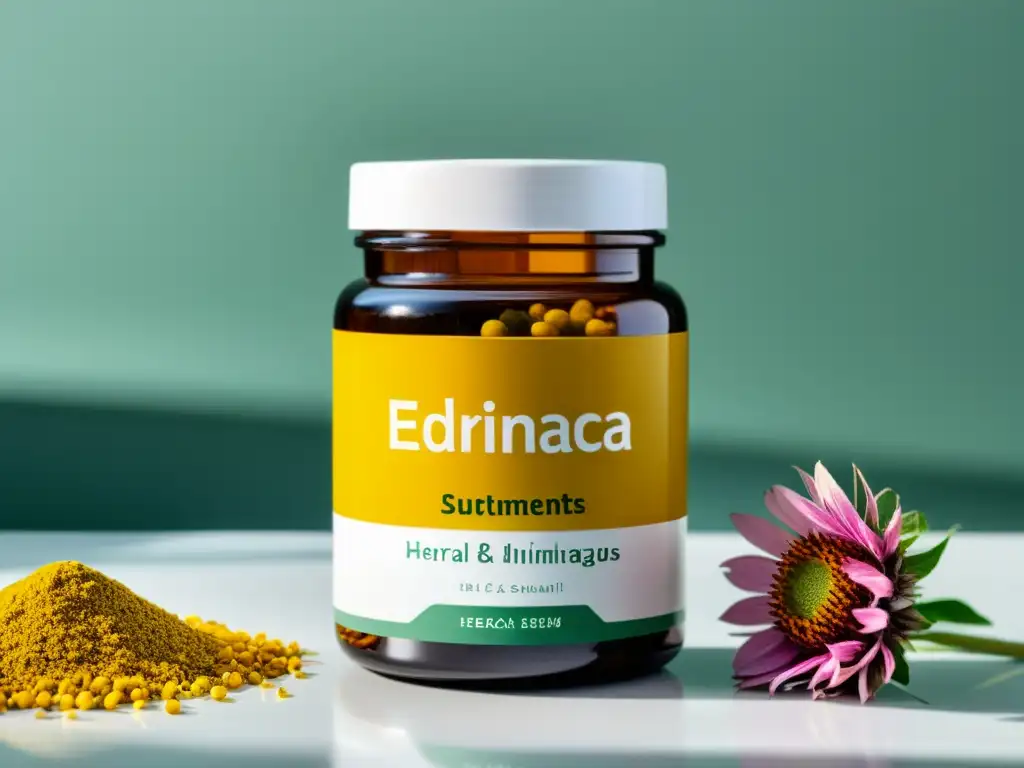Un frasco de suplementos herbarios para sistema inmunológico, con etiquetas elegantes y vibrantes hierbas frescas, iluminado por la luz natural