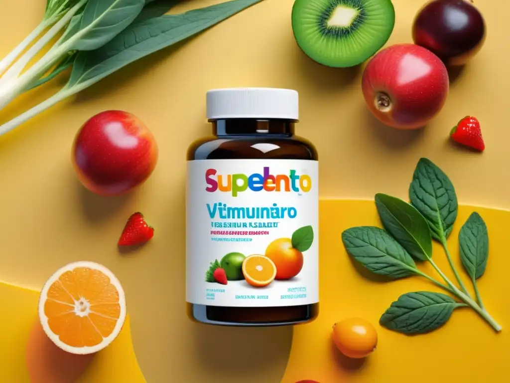 Suplemento Inmunitario Infantil: Vitalidad y Color Un frasco de vitaminas para niños rodeado de frutas y verduras frescas