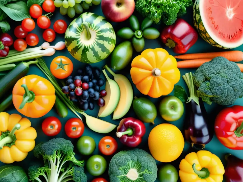 Patrón simétrico de frutas y verduras frescas, vibrantes y detalladas en 8k, evocando la nutrición para fortalecer sistema inmunológico