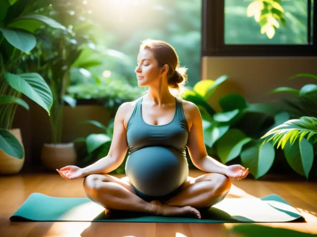 Yoga prenatal: Fortaleza y serenidad Una futura madre practica yoga prenatal entre la exuberante vegetación, irradiando calma y vitalidad