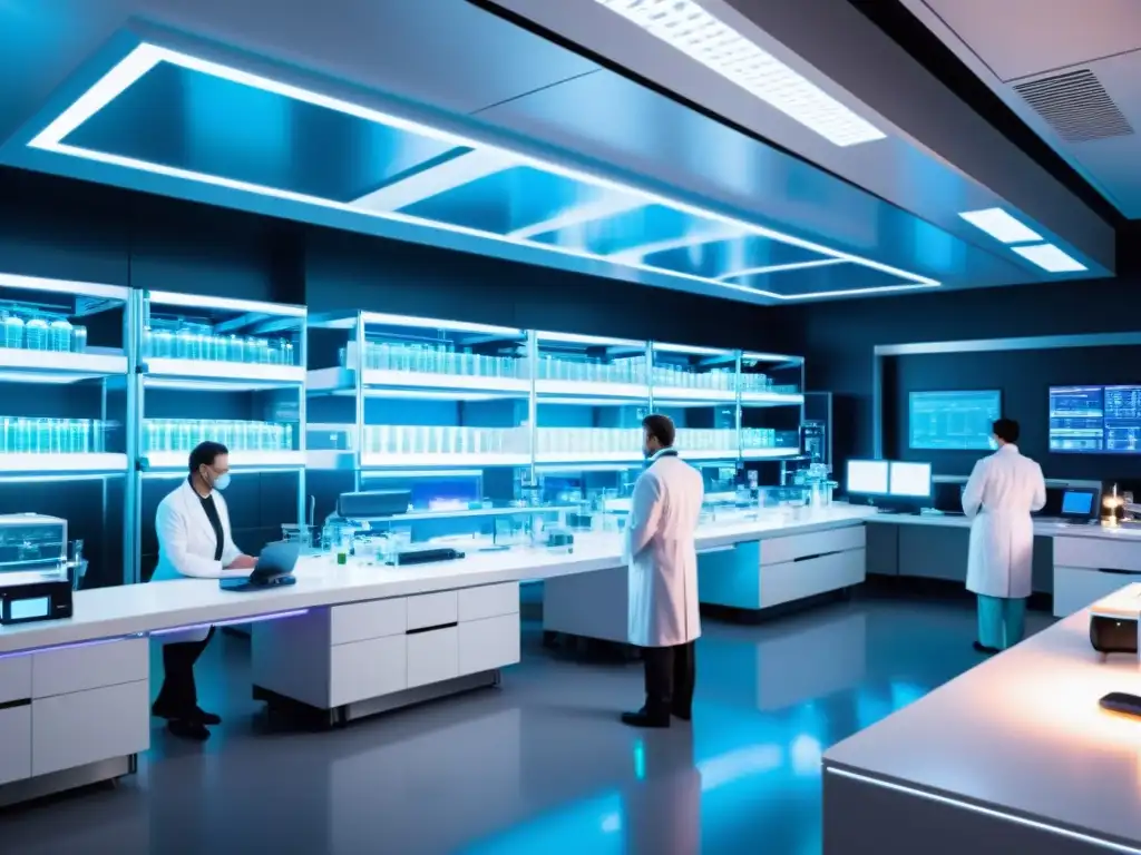 Avanzada investigación genética en laboratorio futurista Lab futurista con científicos en batas blancas trabajando en equipo de edición genética, rodeados de hebras de ADN holográficas y tecnología futurista