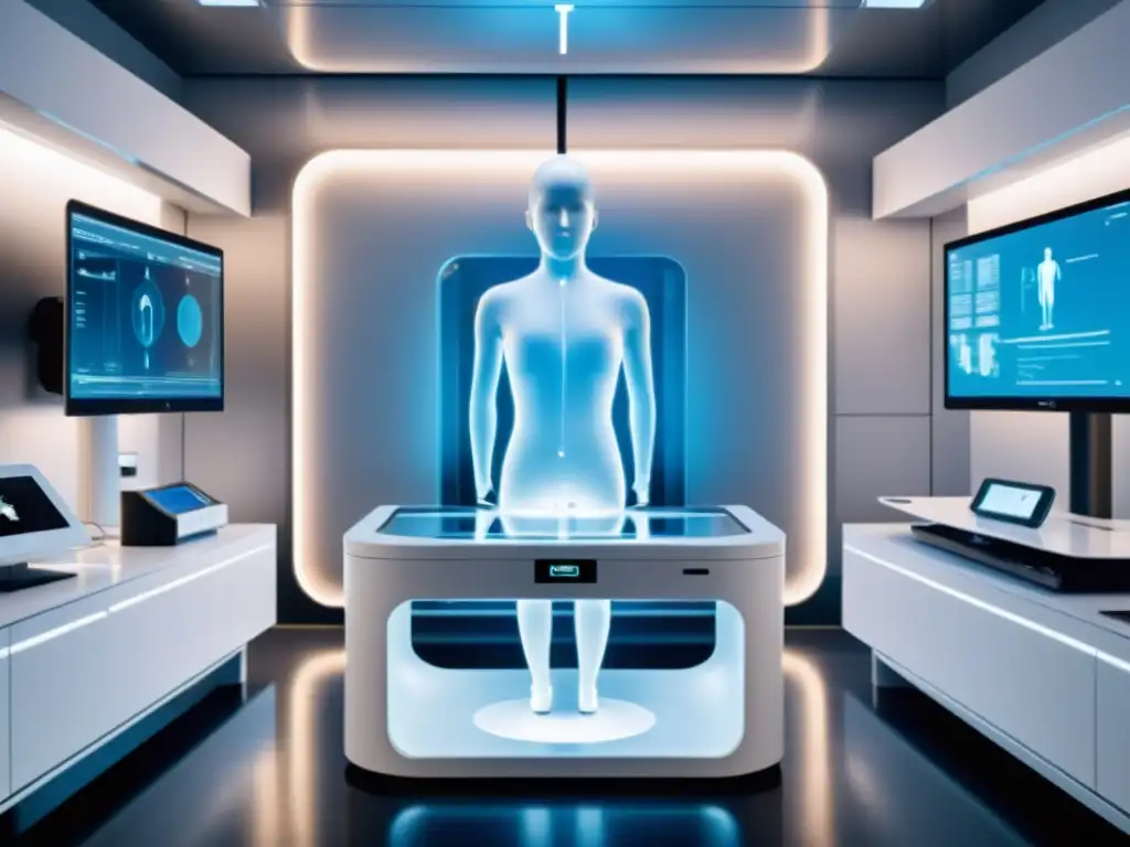 Escáner corporal futurista revela sistema inmunológico Futurista laboratorio con escáner corporal y visualización de sistema inmunológico