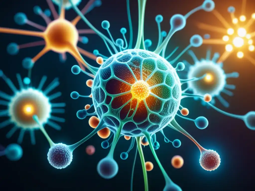 Complejo sistema inmune futurista en detallada imagen 8k Representación futurista del sistema inmune humano, listo para enfrentar enfermedades futuras con vibrante tecnología médica