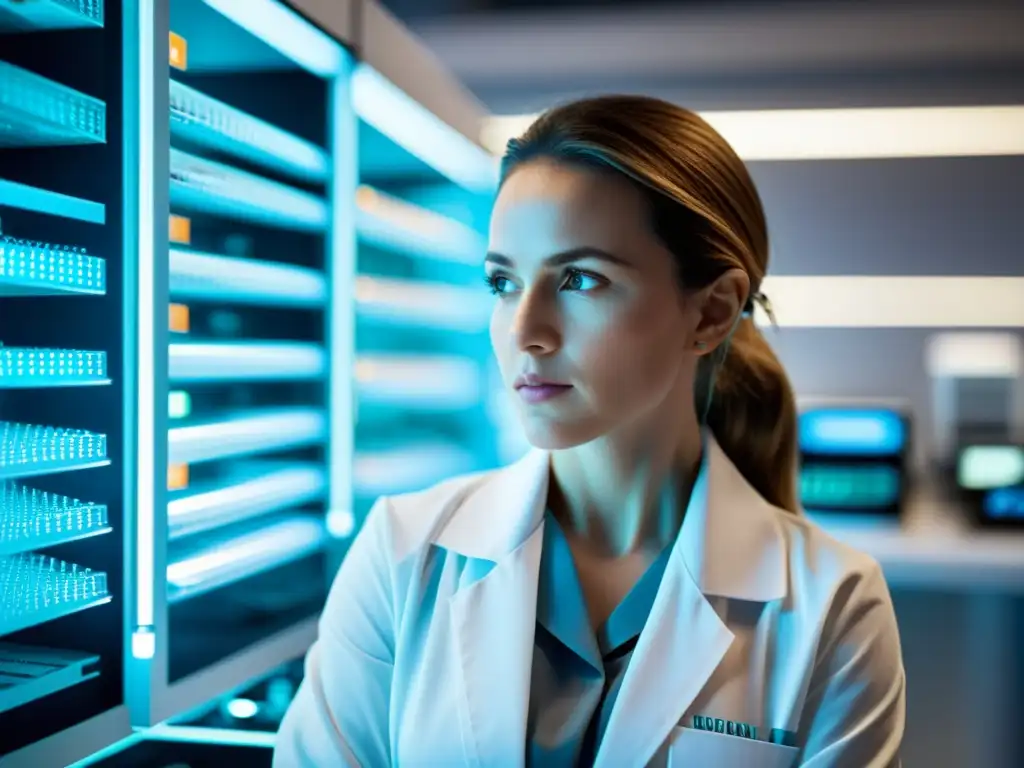 Genetista analizando muestras de ADN en laboratorio futurista Genetista analiza ADN en laboratorio moderno con tecnología avanzada para cobertura enfermedades raras seguros salud