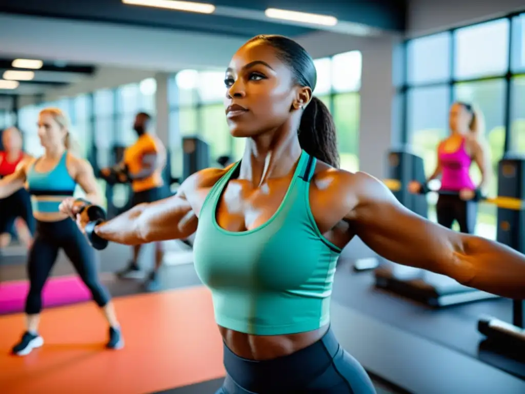 Un gimnasio espacioso y bien iluminado donde un diverso grupo de personas realiza ejercicios de entrenamiento de fuerza con determinación