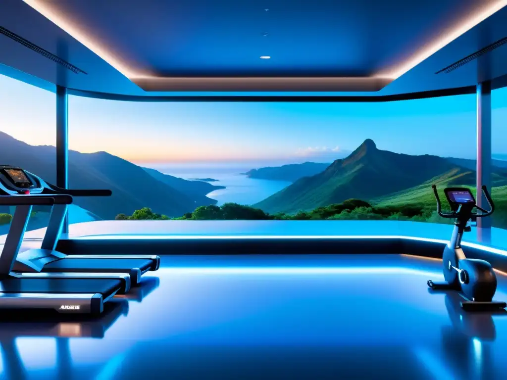 Gimnasio del futuro: entrenamiento holográfico en un paisaje extraterrestre Un gimnasio futurista con tecnología avanzada y paisajes asombrosos que mejora la inmunidad con apps de ejercicio