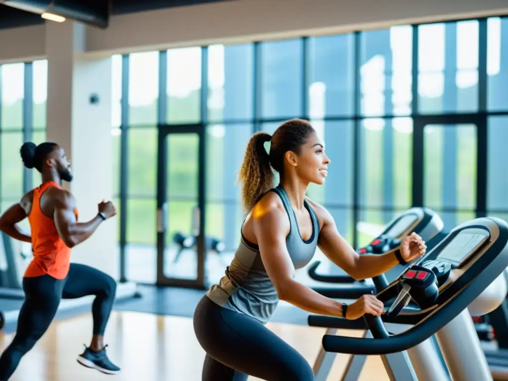 Fitness diverso y motivador en gimnasio moderno Un gimnasio moderno con gente activa realizando ejercicio, promoviendo la salud y el bienestar