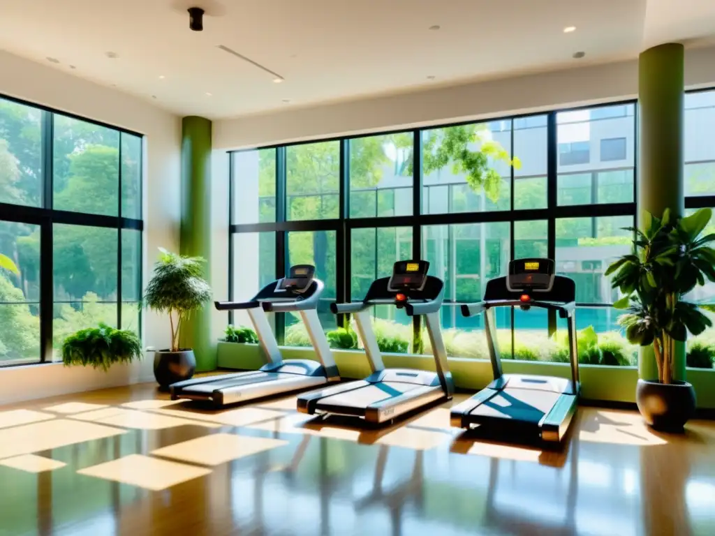 Gimnasio moderno y sereno con luz natural y plantas exuberantes Un gimnasio moderno y sereno con luz natural y plantas exuberantes, donde la gente realiza ejercicios físicos para fortalecer el sistema inmunológico